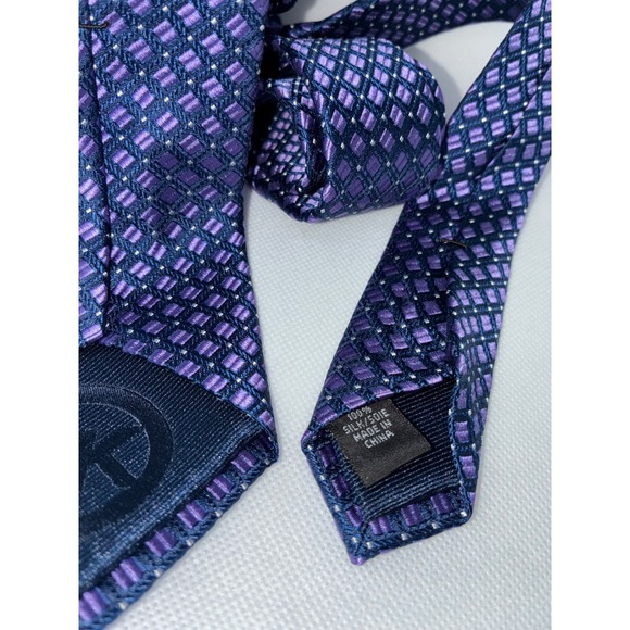Michael Kors Mens Purple Navy Blue Geometric Square Silk Necktie Accessory - Picture 6 of 7